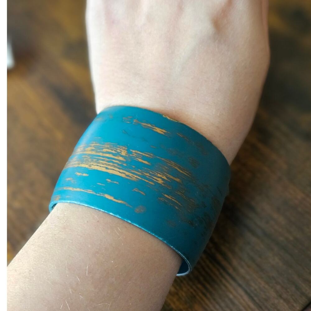Turquoise Blue Gold Distressed Wide Cuff Bracelet Boho Y2K Estate Jewelry